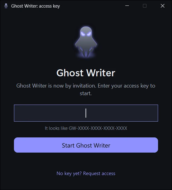 The access key window Ghost Writer shows at its first start