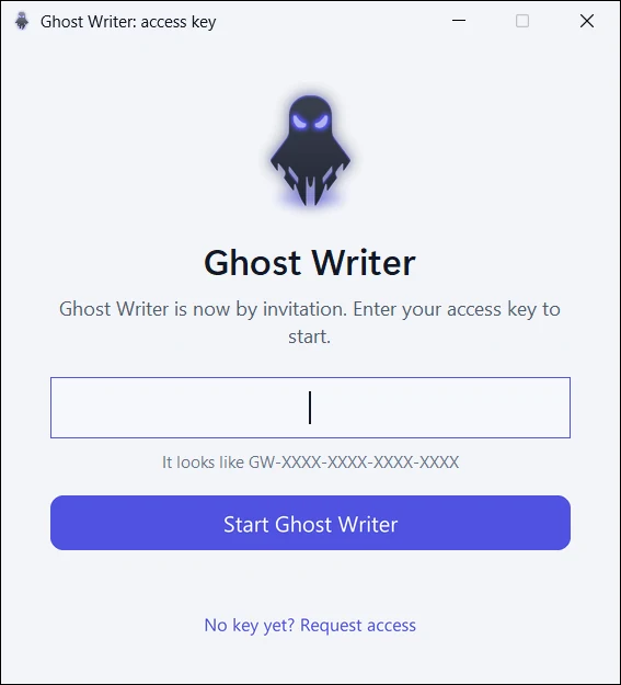 The access key window Ghost Writer shows at its first start, light theme