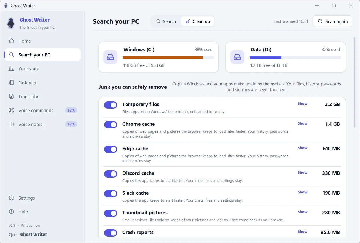 Clean up: each drive's free space and the junk that can safely go, light theme