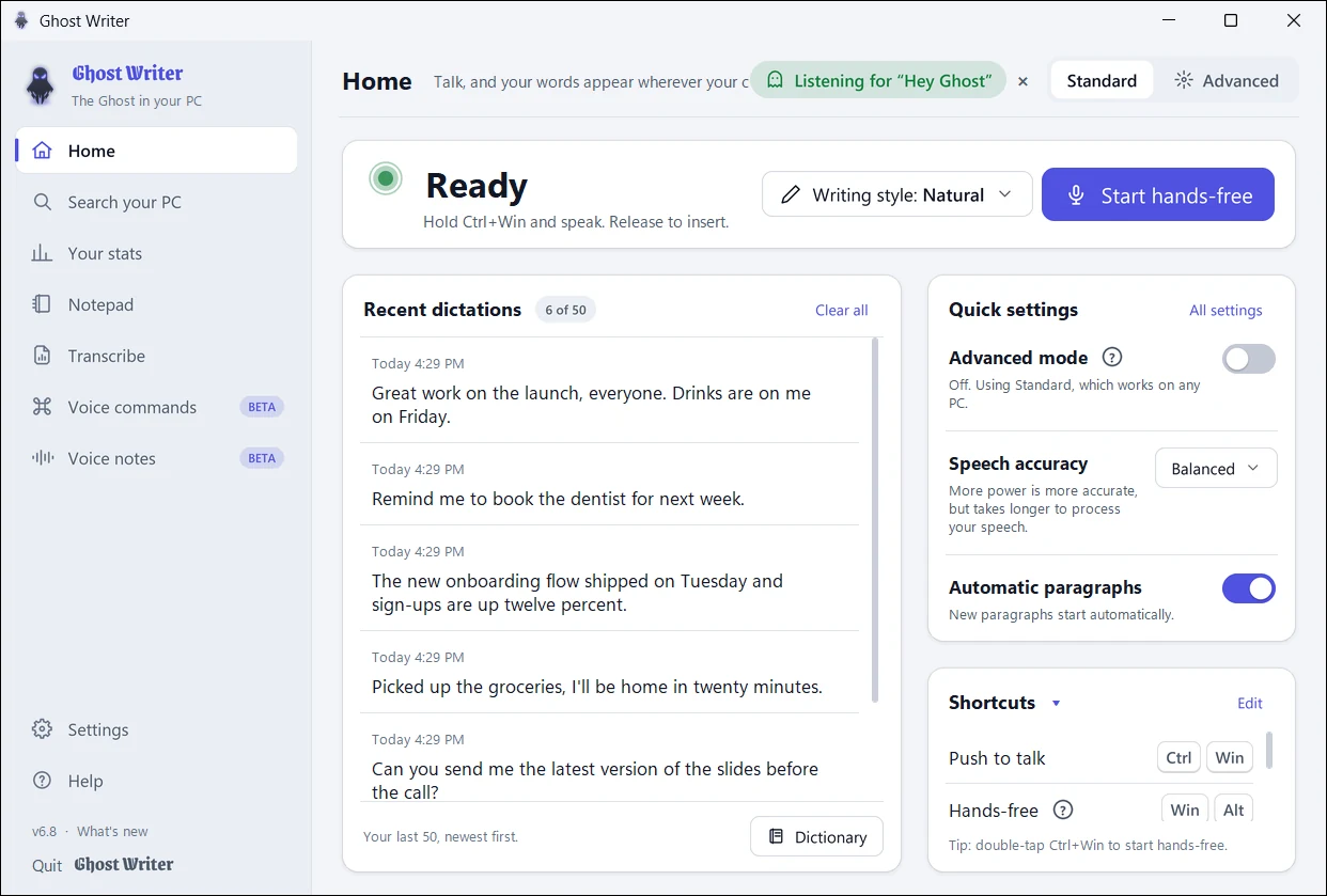 Ghost Writer's Home page: ready to dictate, with your recent dictations, light theme