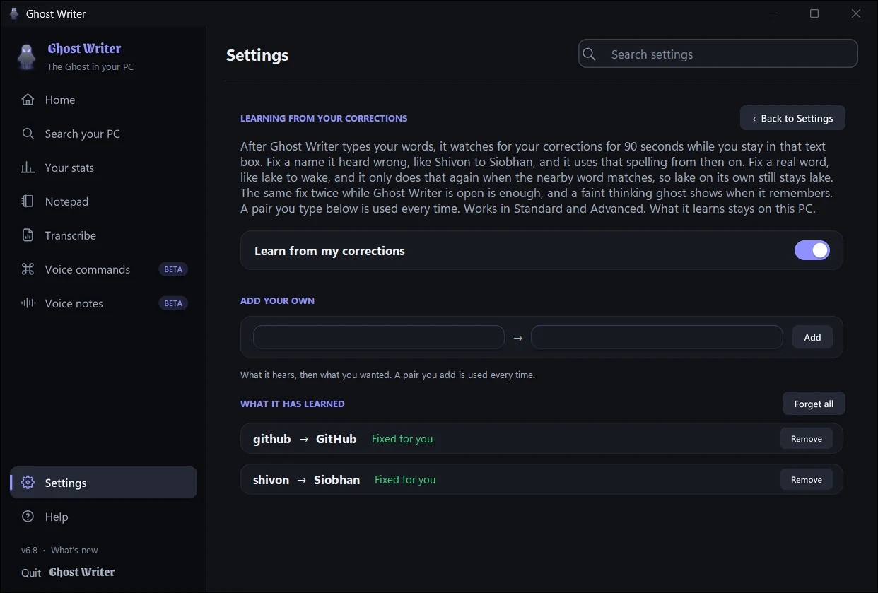 Settings: what Ghost Writer has learned from your corrections