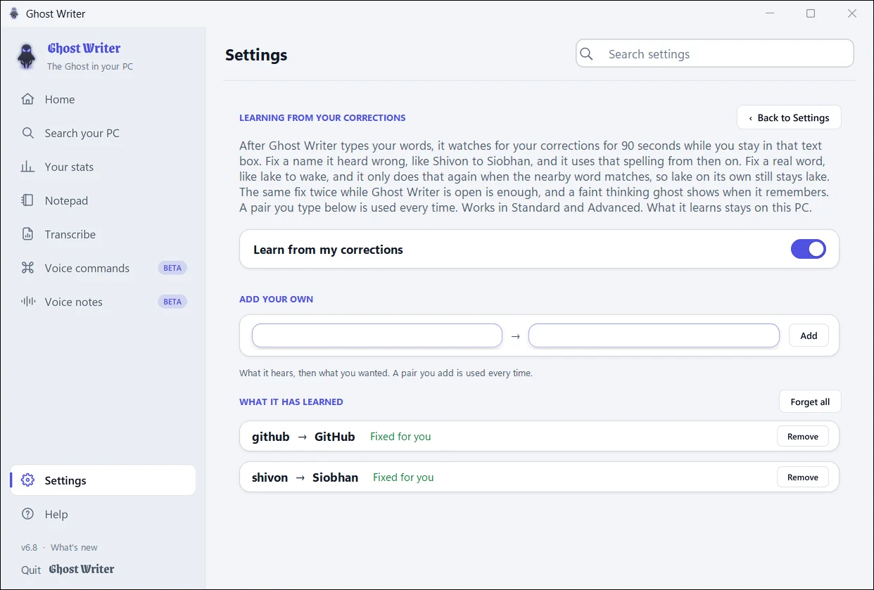 Settings: what Ghost Writer has learned from your corrections, light theme