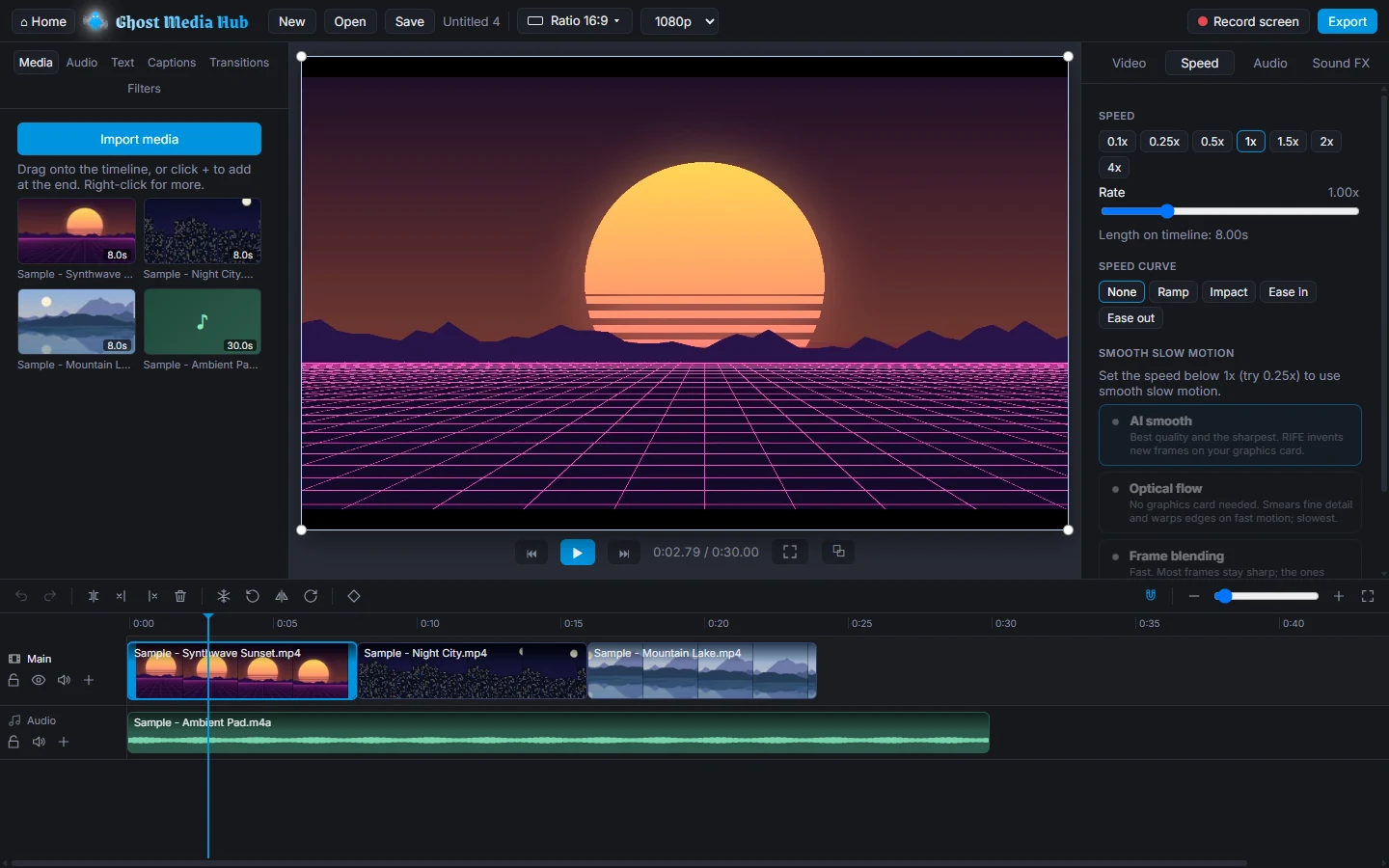 An early build of Ghost Media Hub: media library, preview player and timeline