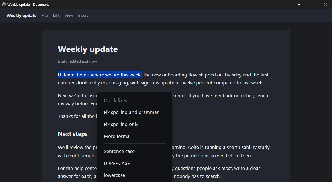 Quick fixes for selected text