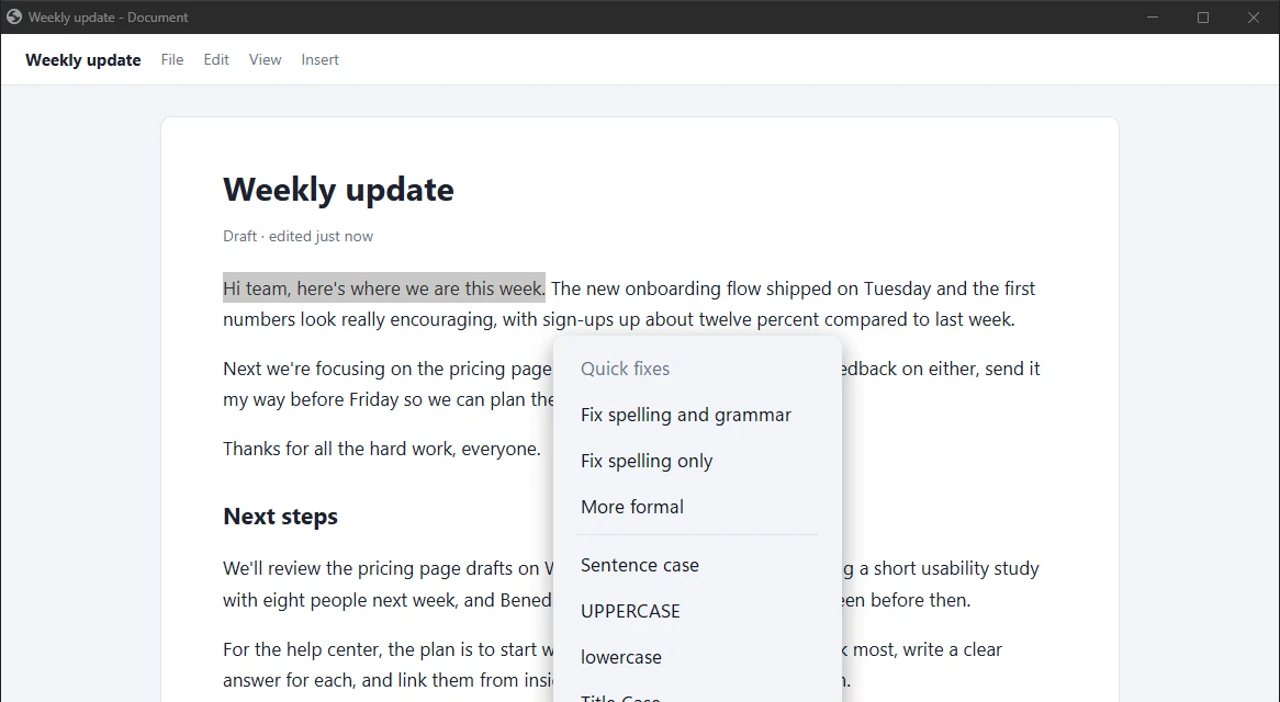 Quick fixes for selected text, light theme