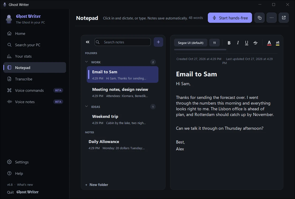 The Notepad with a dictated email