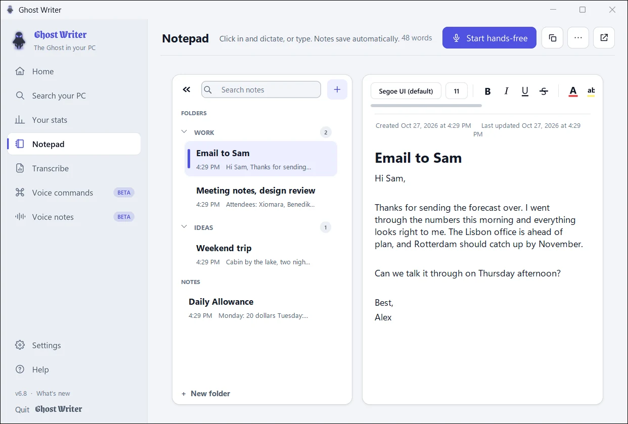 The Notepad with a dictated email, light theme