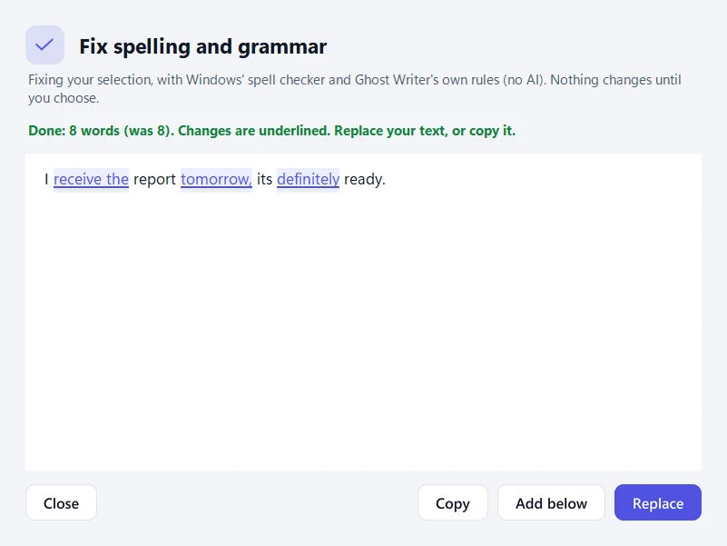 A spelling and grammar fix, ready to replace, light theme