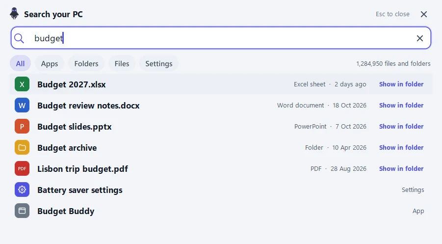 The Search your PC pop-up, light theme