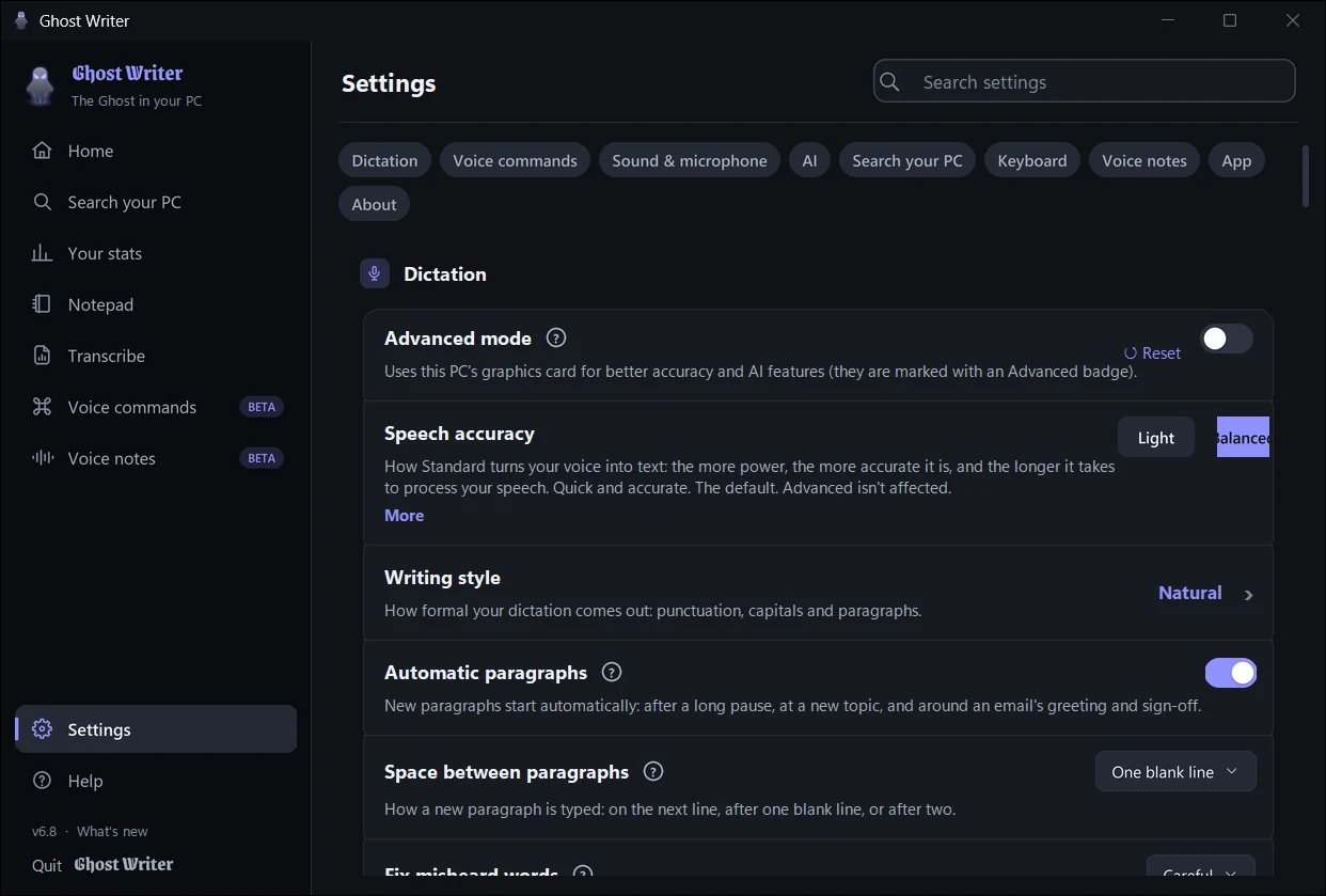 Ghost Writer's Settings page
