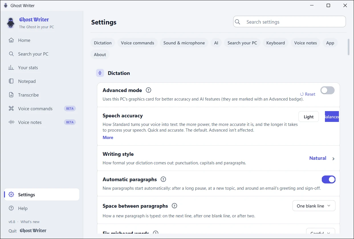 Ghost Writer's Settings page, light theme