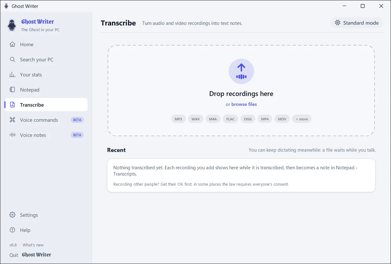 Transcribe: drop recordings or videos to turn them into text, light theme