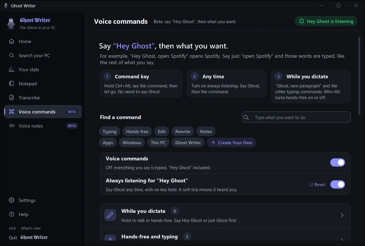 The Voice commands page