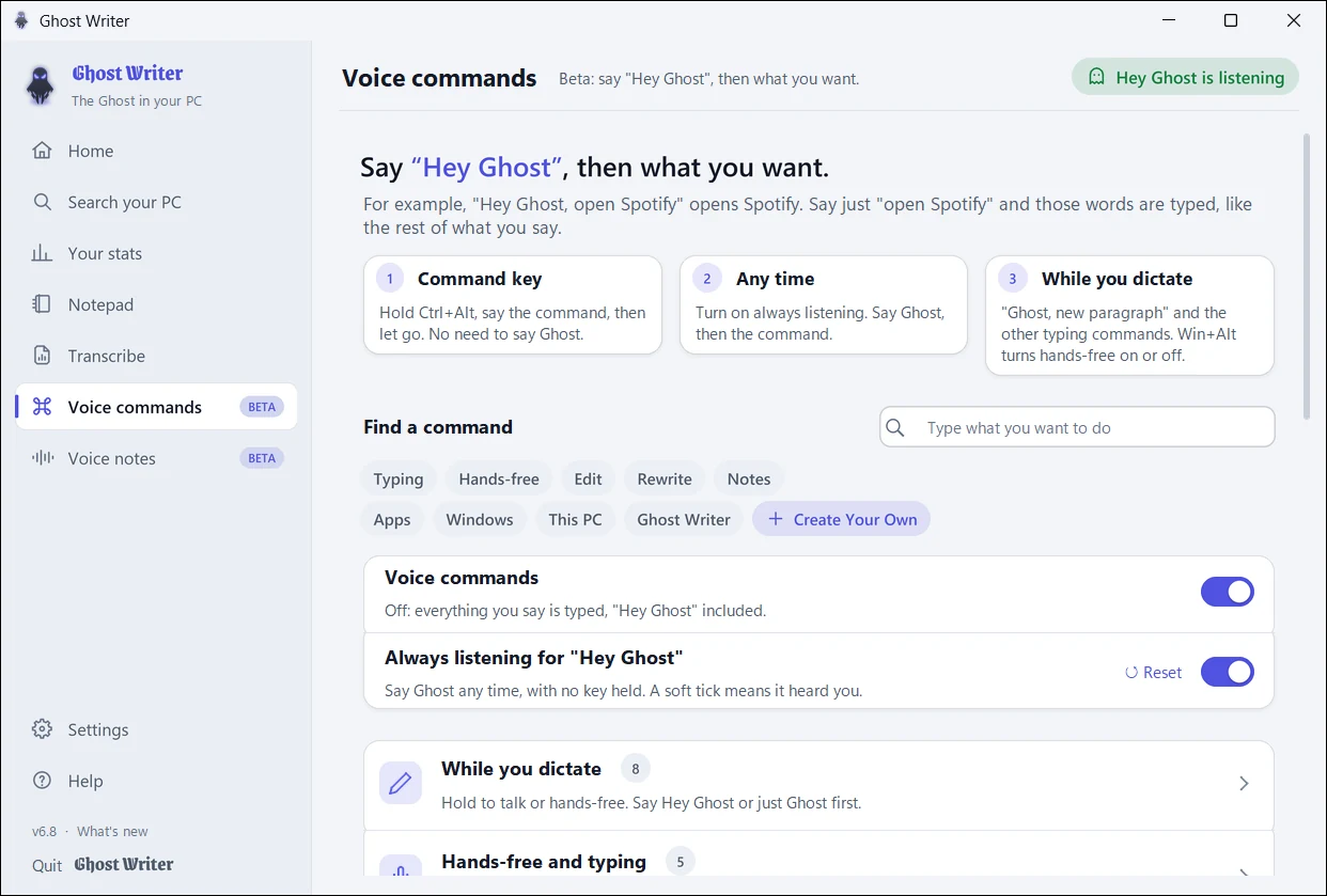 The Voice commands page, light theme