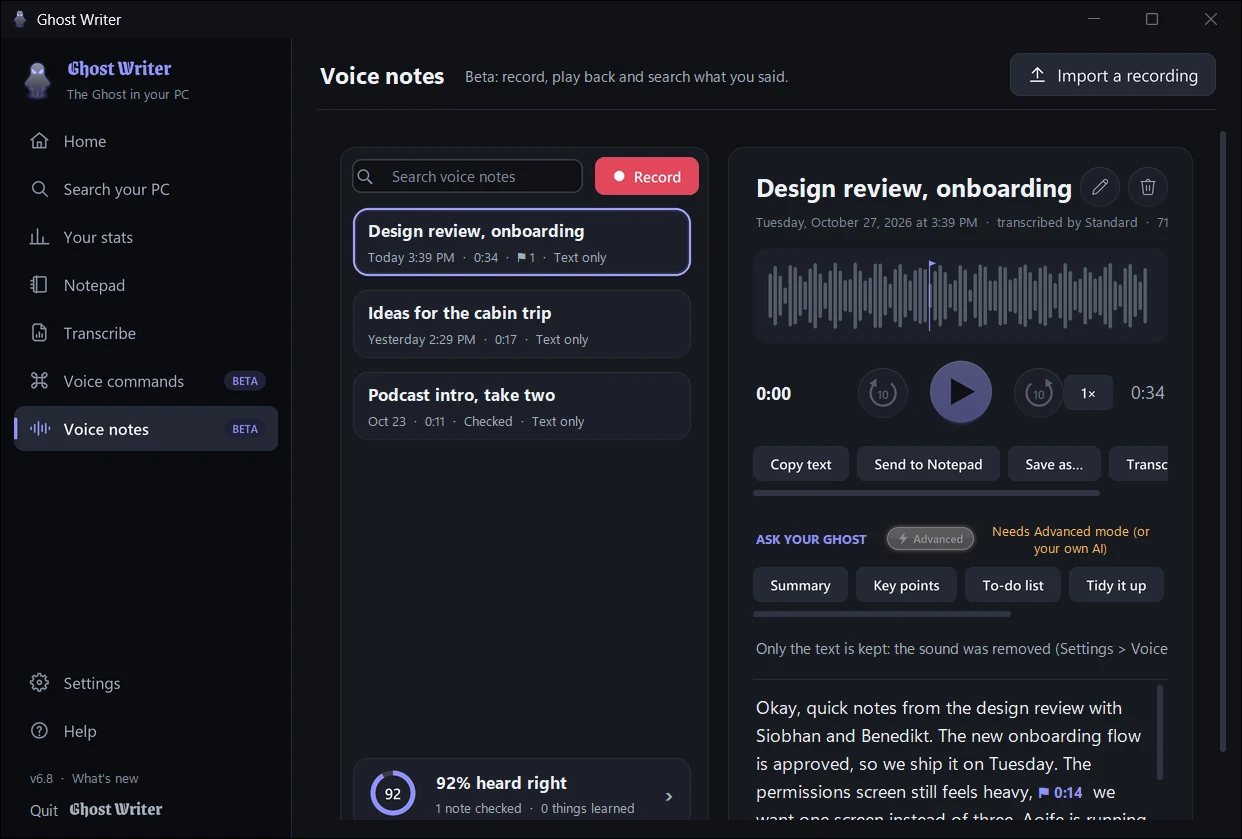 A voice note with its transcript