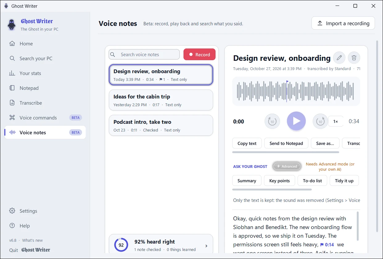 A voice note with its transcript, light theme